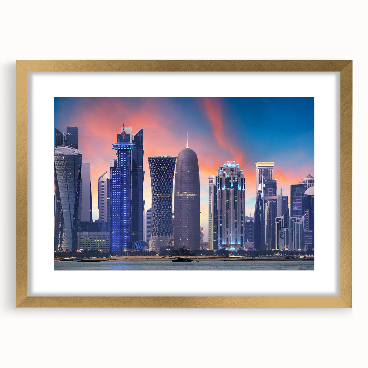 Extra large textured abstract art print featuring a scenery of Qatar, with gold frame and mat, ideal for living room decor.