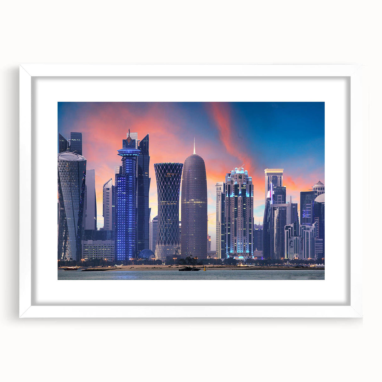 Abstract art print of a Qatar scenery in muted earth tones on a white framed canvas, suitable for dining room decor.