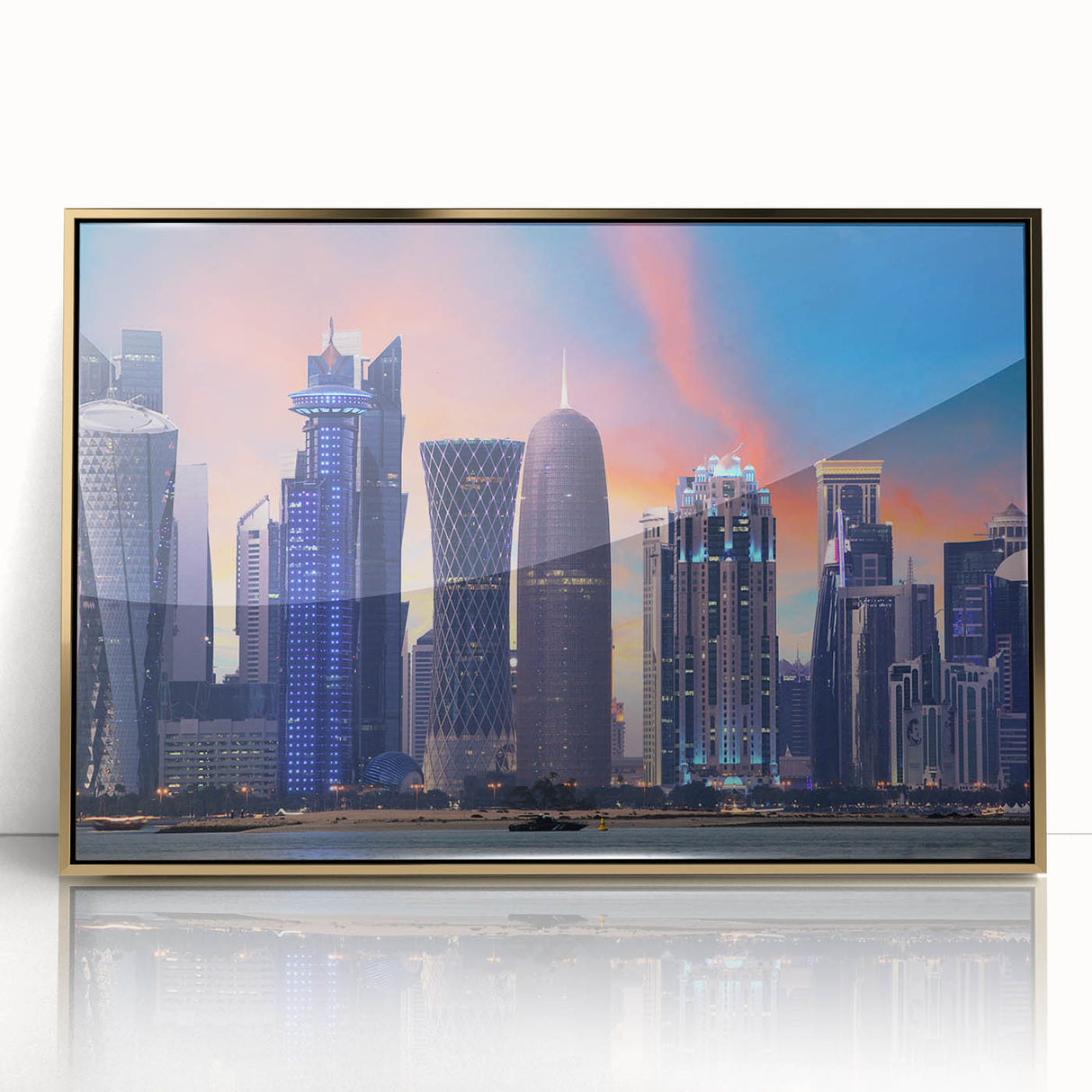 Mid-century modernist acrylic print of a Qatar scenery in gold tones, ideal for modern art wall decor.