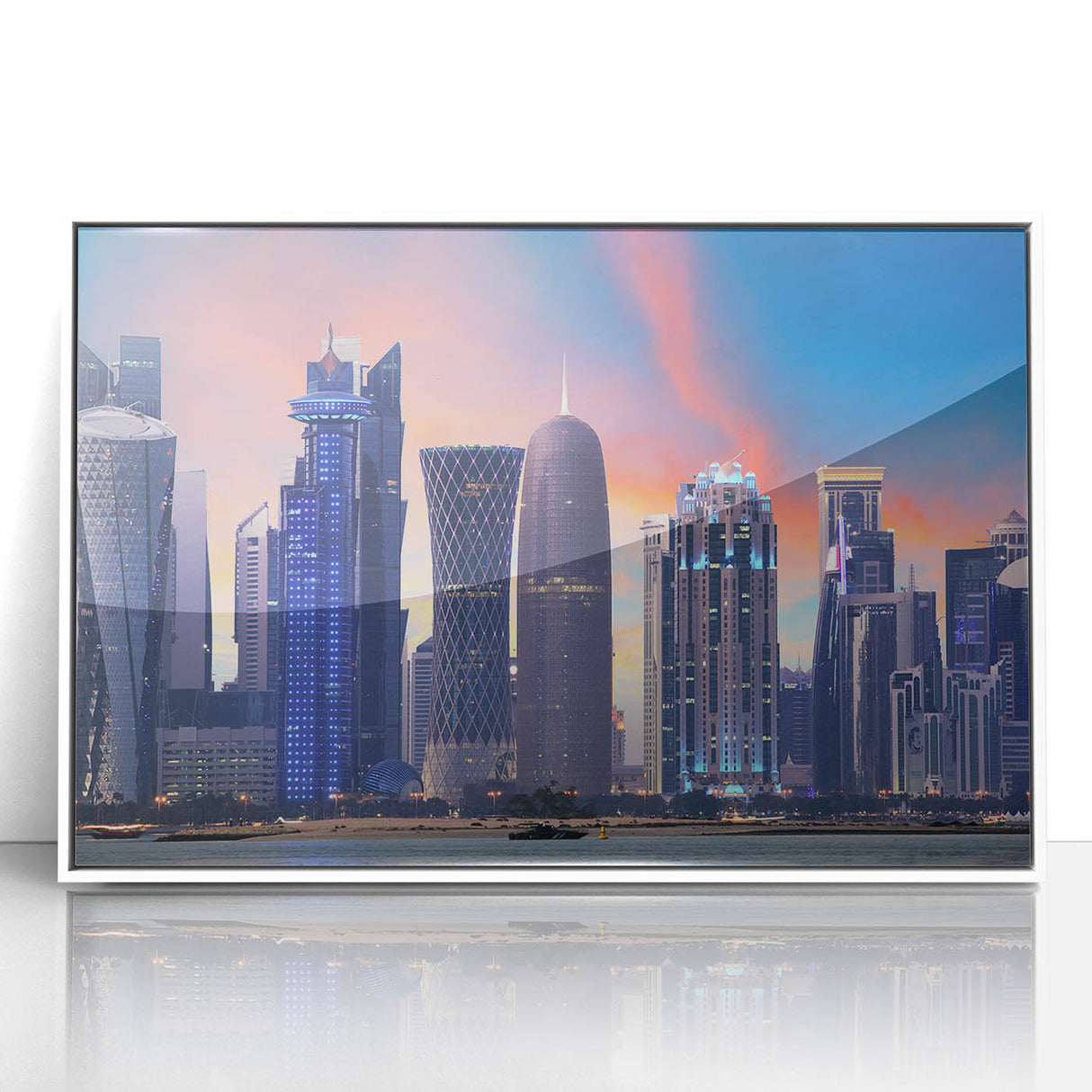 Acrylic print of a Qatar scenery in art deco style with muted earth tones, ideal for modern art wall decor.