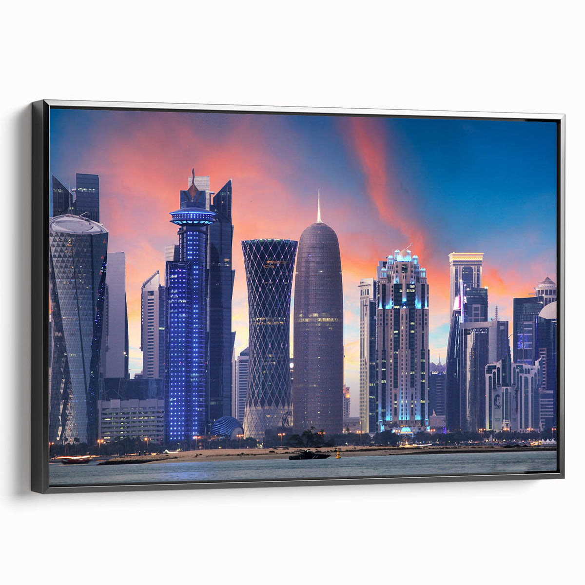 Framed canvas of a black and white vintage poster featuring the Qatar landscape, ideal for bedroom wall decor.