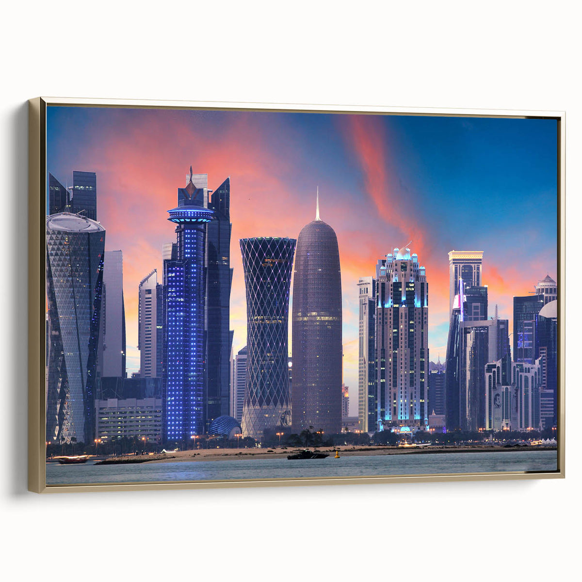 Framed canvas featuring a vintage landscape painting of a Middle Eastern scenery in gold and black tones.
