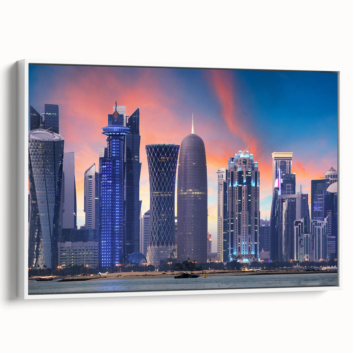 Vintage poster art of a Middle Eastern Qatar scenery on a large framed canvas with colorful accents.