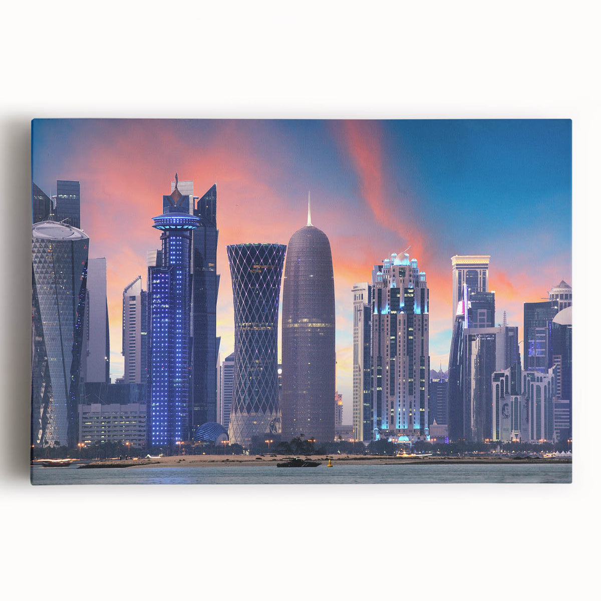 Black and white stretched canvas featuring a panoramic view of the Doha skyline, ideal for kitchen wall art.