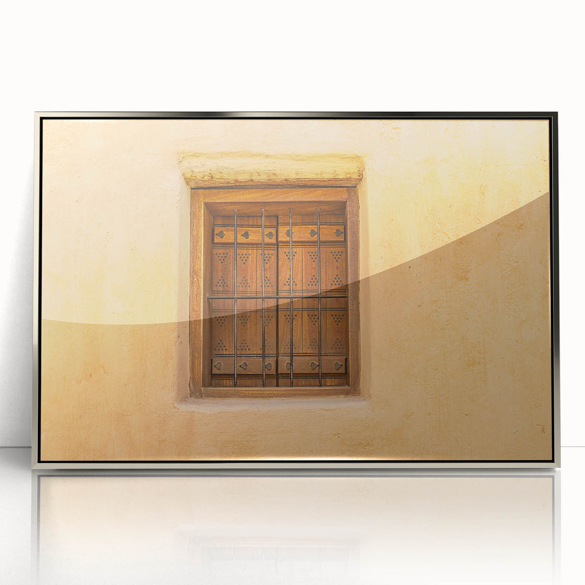 Mid-century modernist art depicting a Saudi Arabian scenery in silver acrylic, framed, suitable for nursery wall decor.
