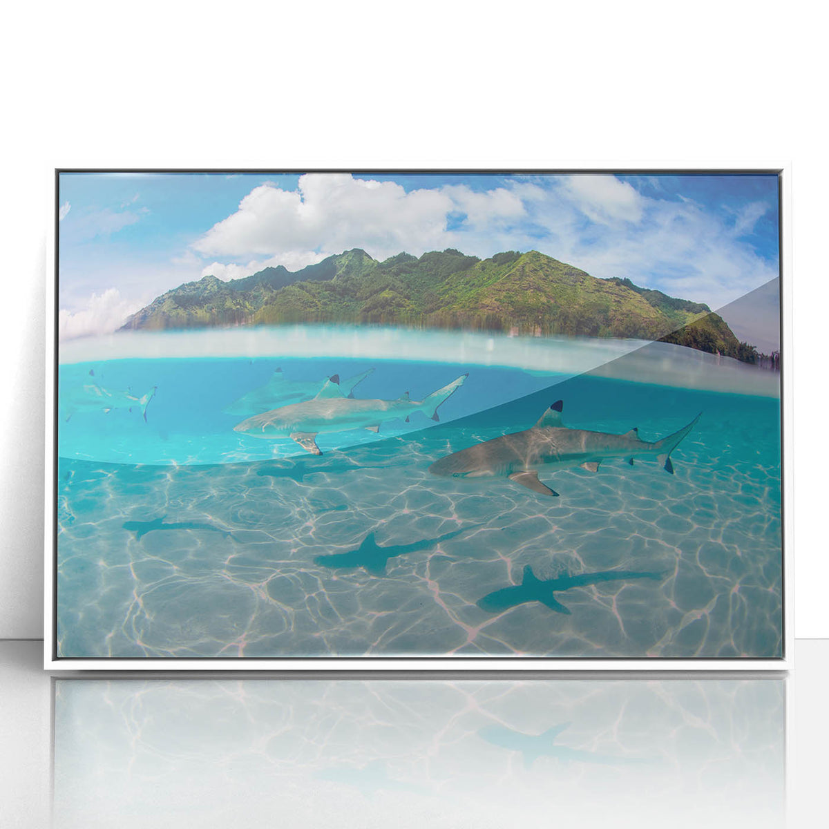 Art deco poster of Tahiti shoreline in pastel blue and white tones on framed acrylic, ideal for modern nursery wall art.