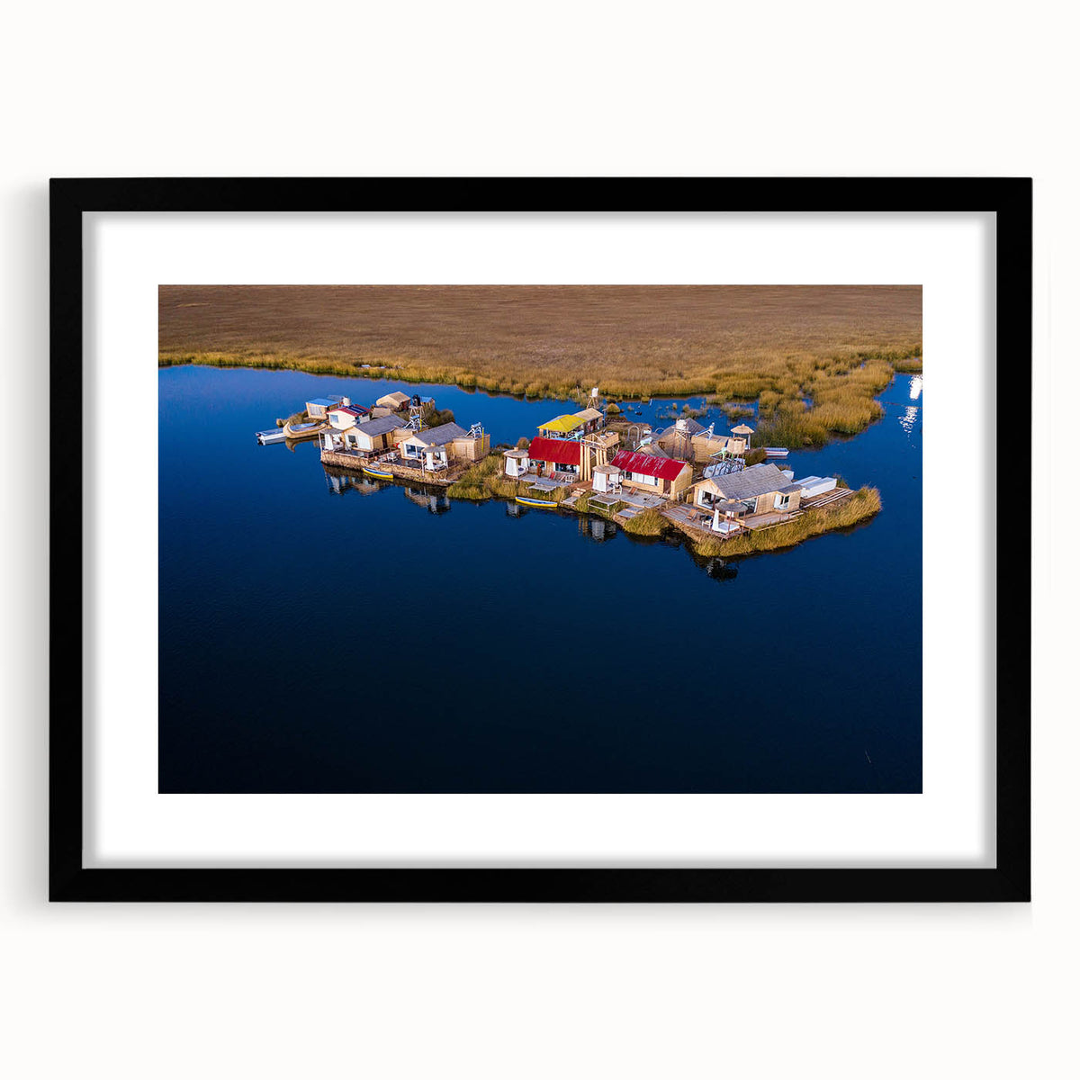 Abstract art print depicting a colorful, textured scenery of South America, Peru on a large black-framed canvas with mat.