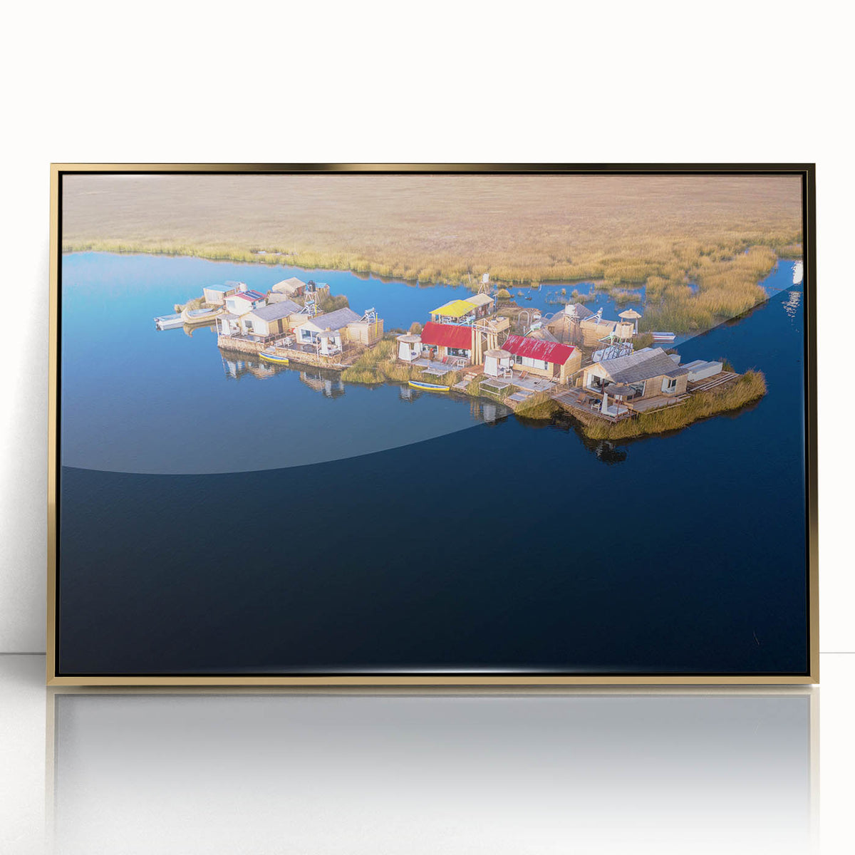 Framed acrylic print of a mid-century modernist Peruvian landscape in muted earth tones, ideal for modern art wall decor.