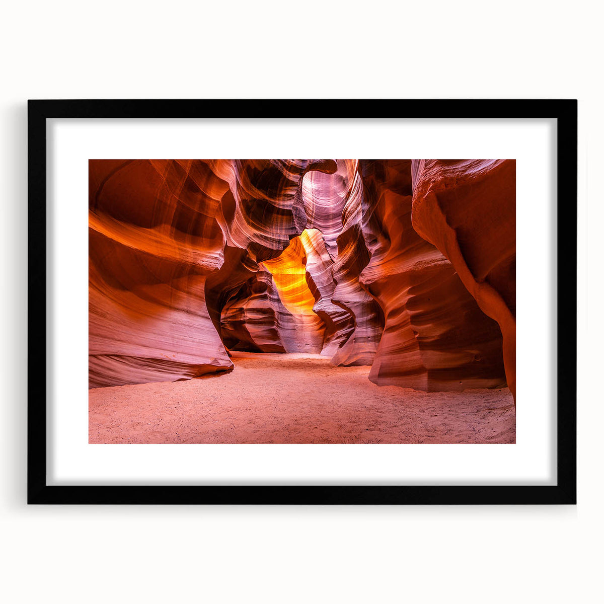 Colorful abstract art print of Arizona's Antelope Canyon in vibrant red and orange tones on a large framed canvas.