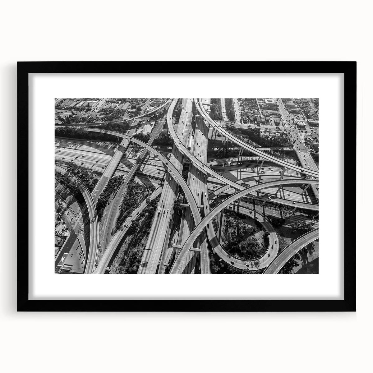Extra large abstract art print depicting colorful, textured Los Angeles scenery on a black framed canvas.