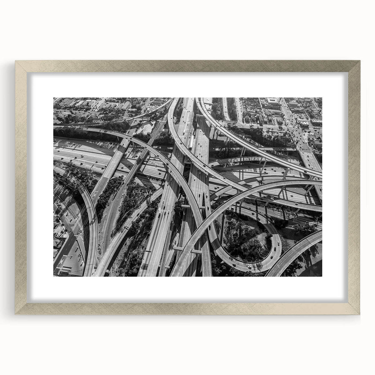 Textured abstract art print of Los Angeles skyline in muted gray tones on a framed canvas, suitable for bedroom decor.