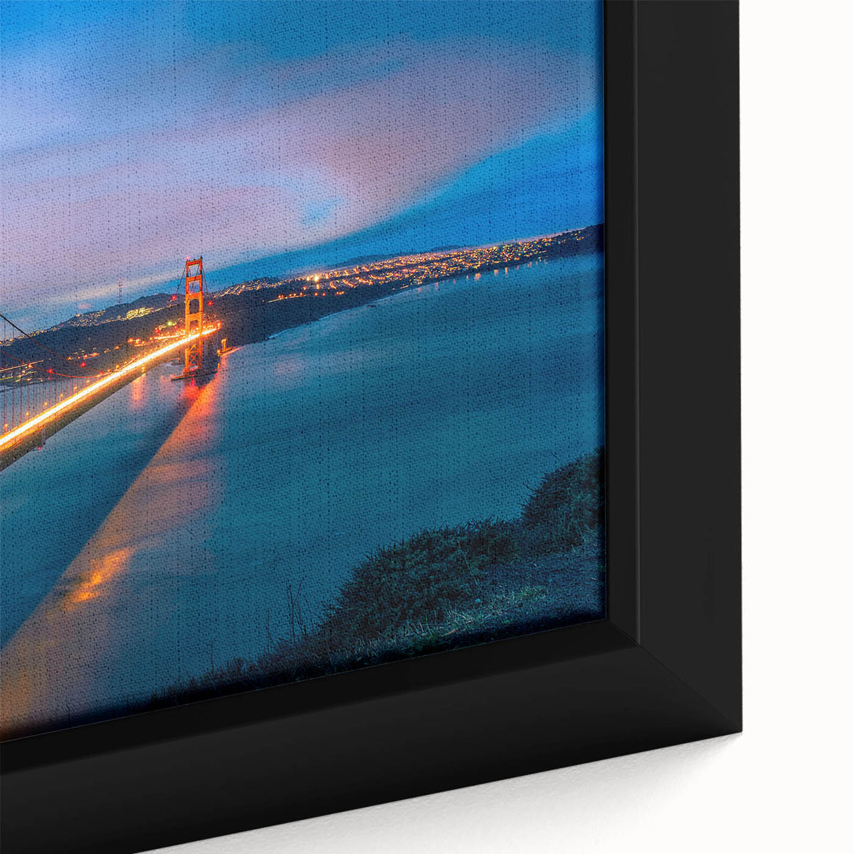 Extra large framed canvas depicting a textured, colorful San Francisco skyline on a black background.
