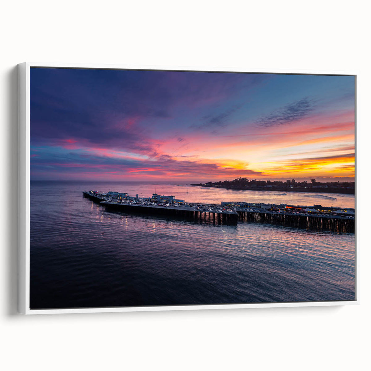 Vintage poster art of Santa Cruz with colorful imagery on extra large white-framed canvas, ideal for living room decor.