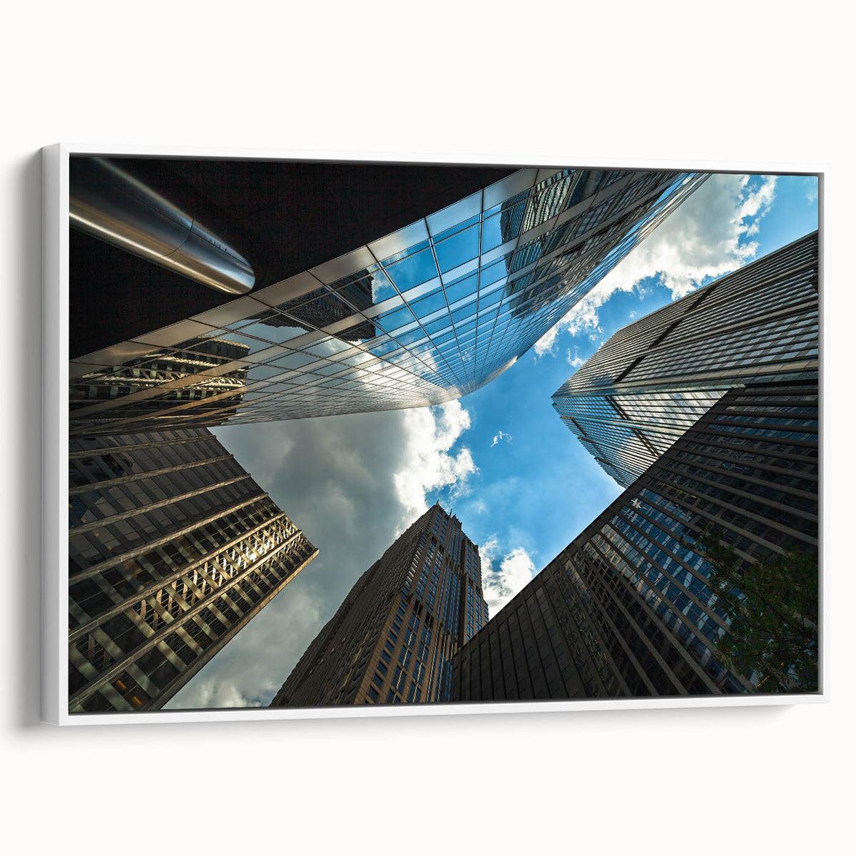 Vintage poster art of Chicago skyline in colorful hues on extra large framed canvas, suitable for living room decor.