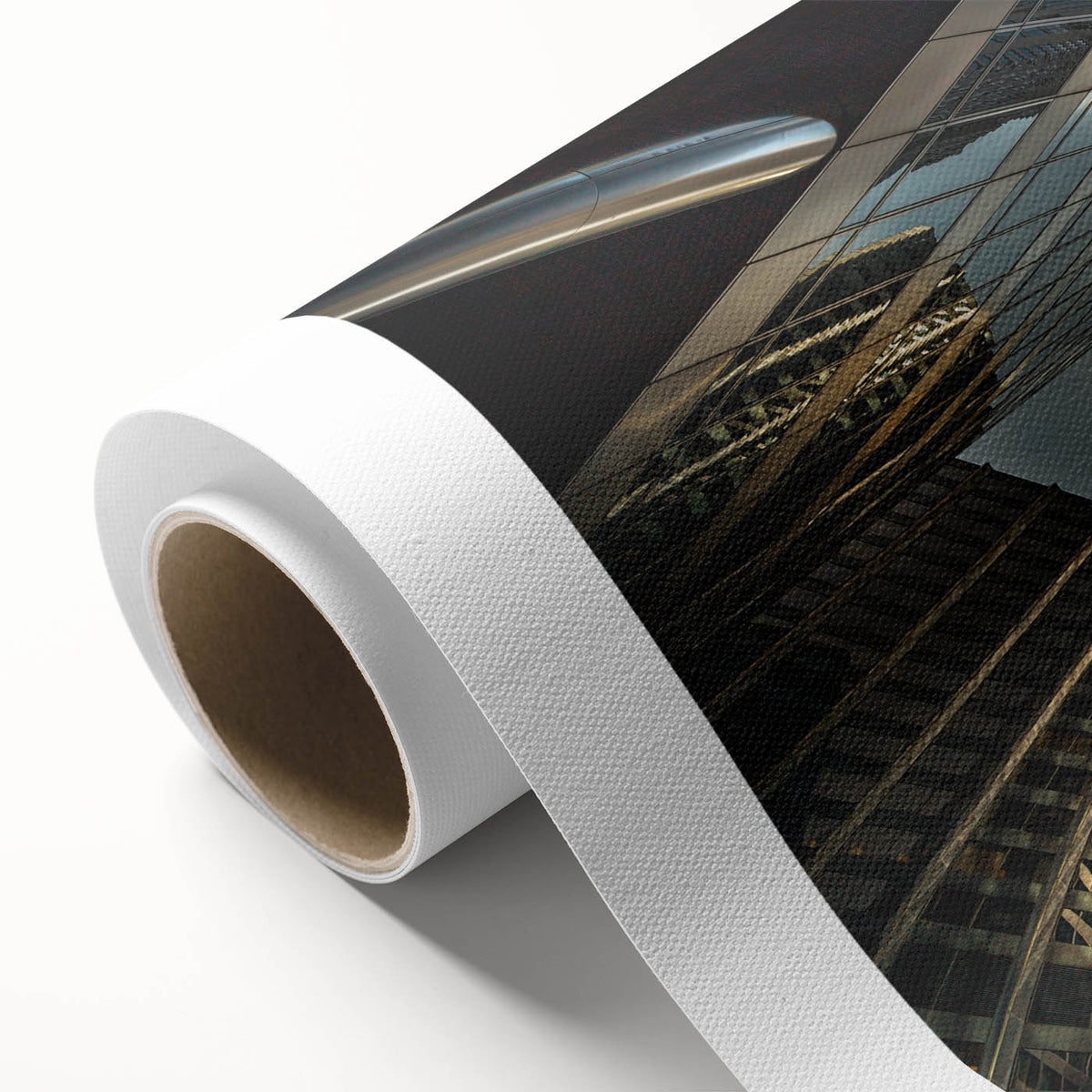 Art Deco style poster of Chicago skyline in muted blue and gray tones, rolled canvas, ideal for nursery wall art.