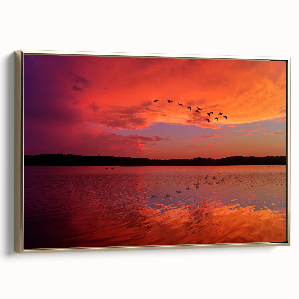 Framed canvas of Lake Michigan with a vintage poster style in black and gold tones, ideal for bedroom wall art.