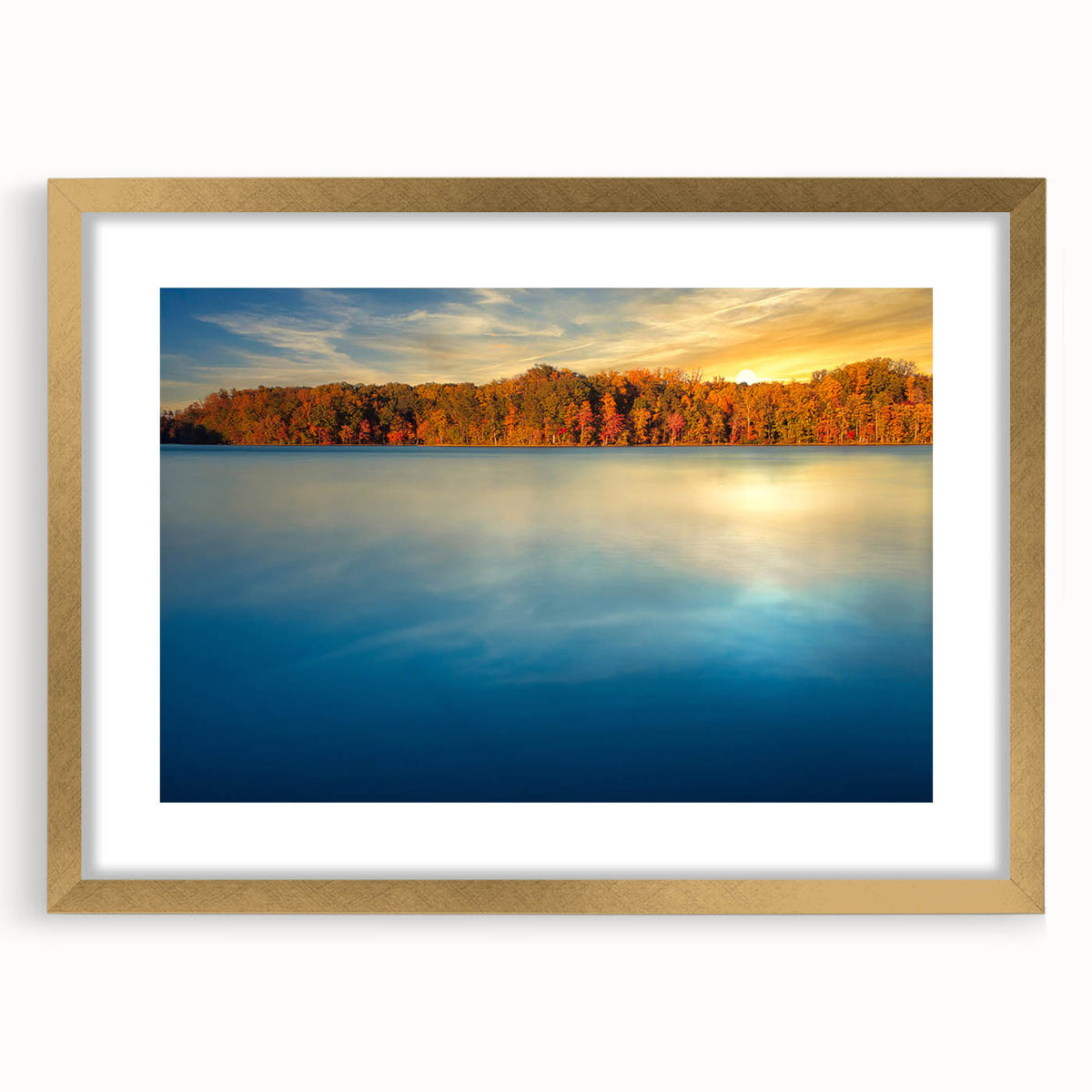 Textured abstract art print of Annapolis scenery in muted gold and blue hues on a framed canvas, suitable for bedroom decor.