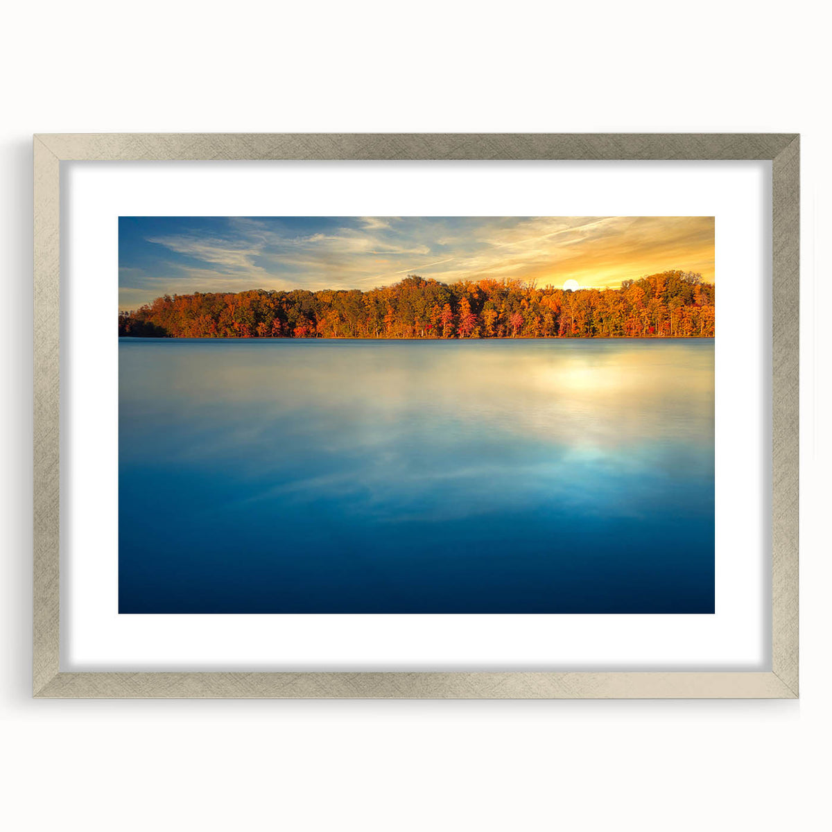 Abstract art print of Annapolis scenery in silver frame, featuring cool blue and gray tones, ideal for dining room decor.