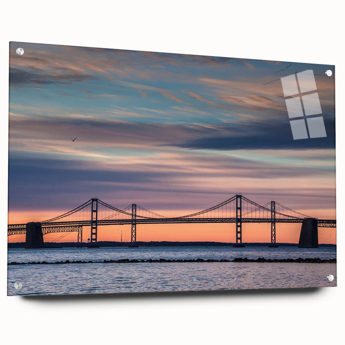 Acrylic print of Baltimore skyline in muted gray and blue tones, suitable for bedroom or dining room decor.