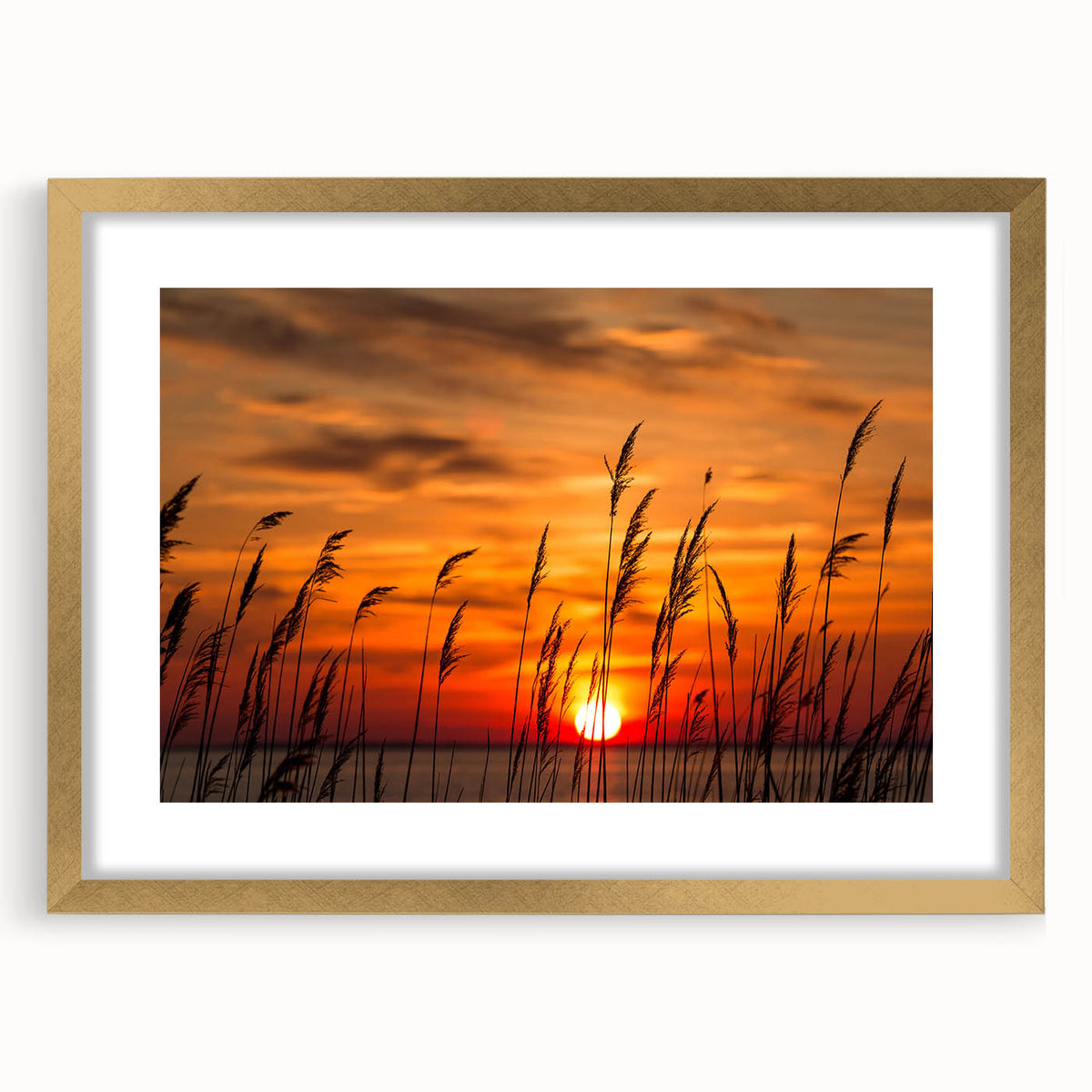 Extra large wall art featuring abstract depiction of Chesapeake Bay in textured blues and greens, framed in gold.
