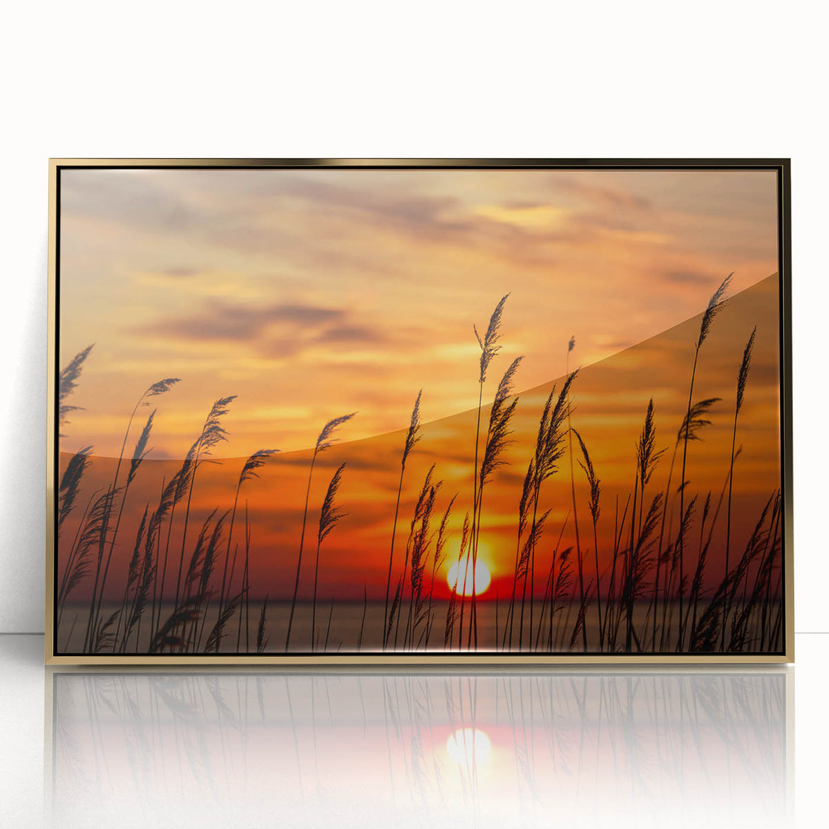 Mid-century modernist art of Chesapeake Bay in muted blues and golds, acrylic print framed.