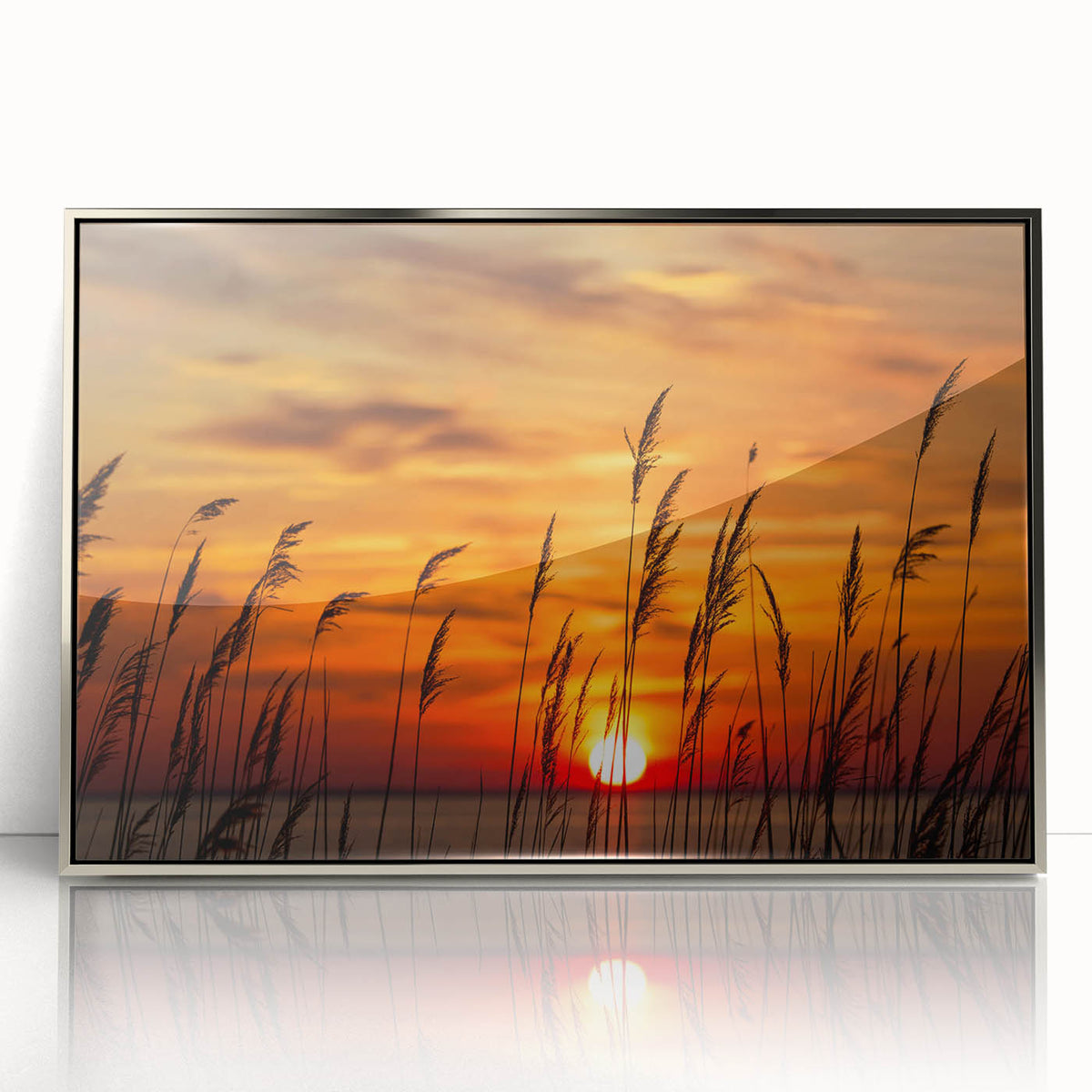 Framed acrylic print of Chesapeake Bay with soft blue and gray tones in a mid-century modernist style.