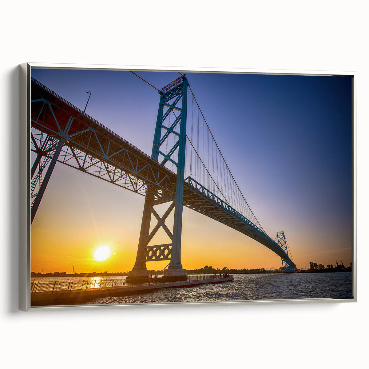 Framed canvas featuring a vintage-style Detroit landscape with colorful art accents on a black background.