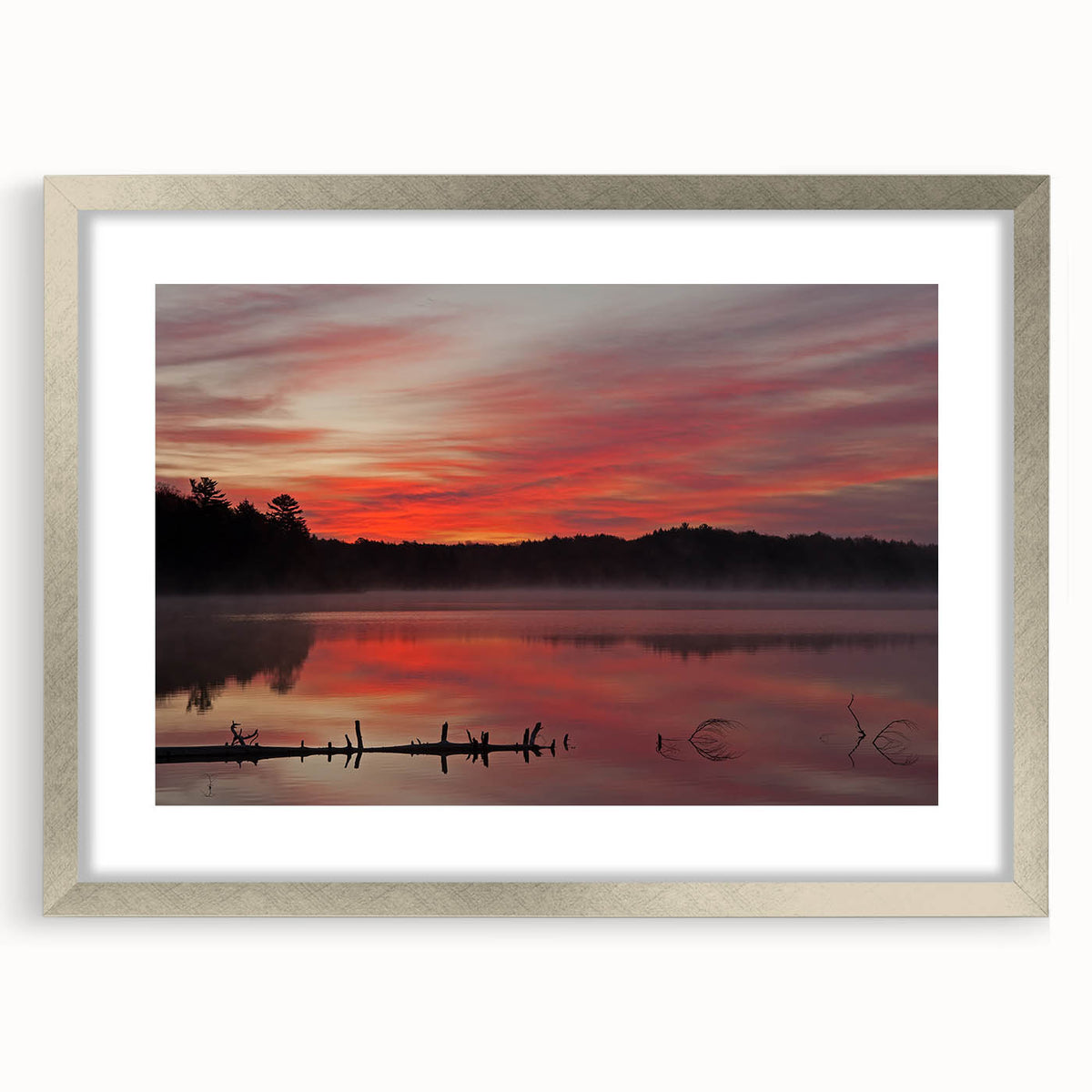 Textured abstract art print of Michigan's Upper Peninsula in muted earth tones, framed in silver, ideal for bedroom art.