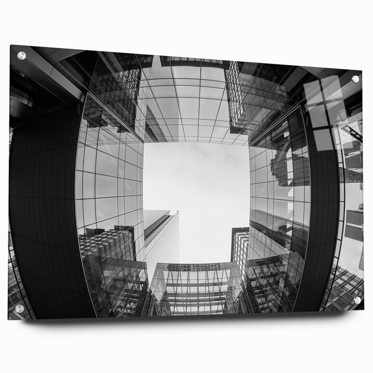 Acrylic print of Charlotte, North Carolina skyline in muted gray and blue tones, ideal for dining room art.