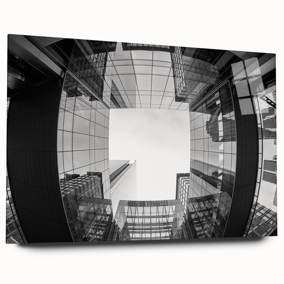 Large abstract wall art of Charlotte skyline in muted blue tones on acrylic glass, suitable for bedroom or dining room decor.