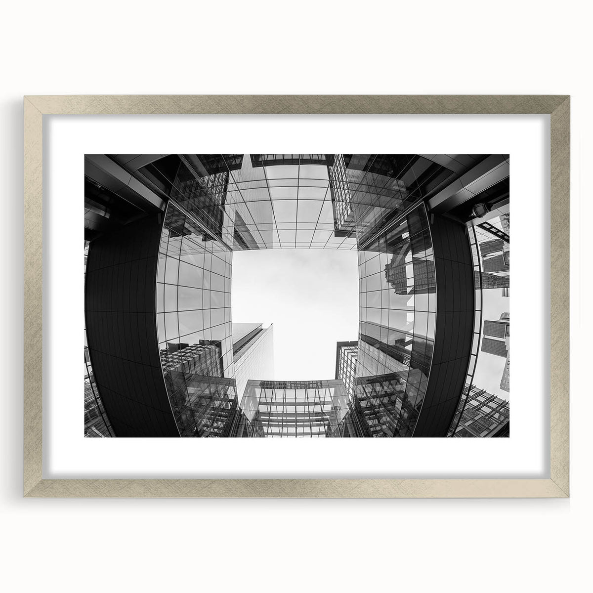 Textured abstract art print of Charlotte skyline in muted gray tones on a framed silver mat, suitable for bedroom decor.