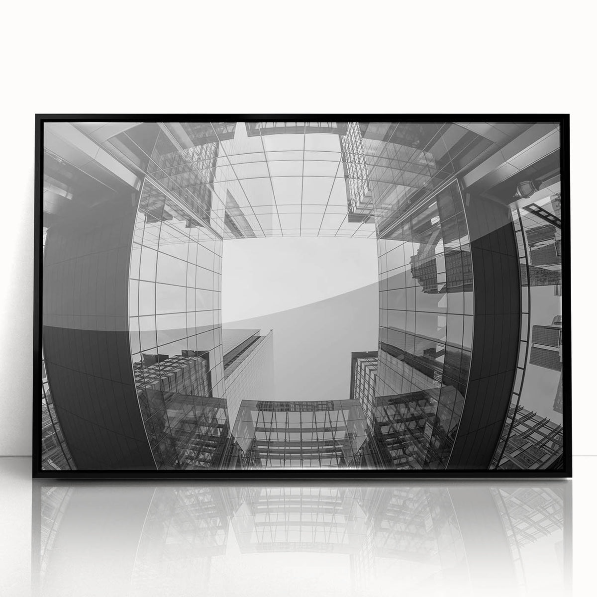 Large abstract wall art depicting Charlotte skyline in muted blue tones on framed acrylic, ideal for modern art wall decor.