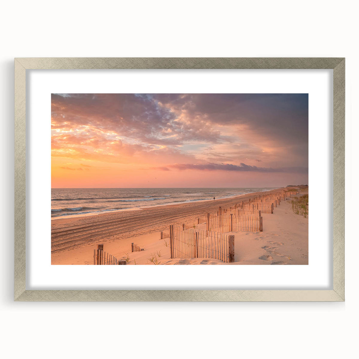 Textured art print of abstract Outer Banks scenery in muted blue and gray tones on a framed canvas.