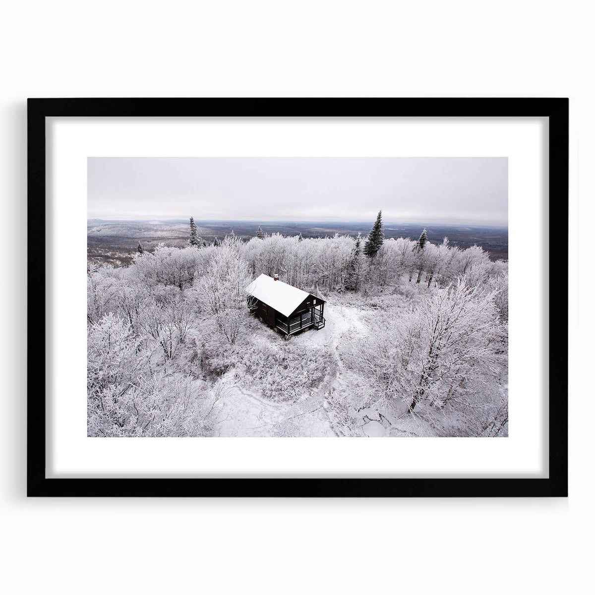 Extra large abstract art print of Adirondacks scenery in vibrant colors on a textured canvas, framed in black.