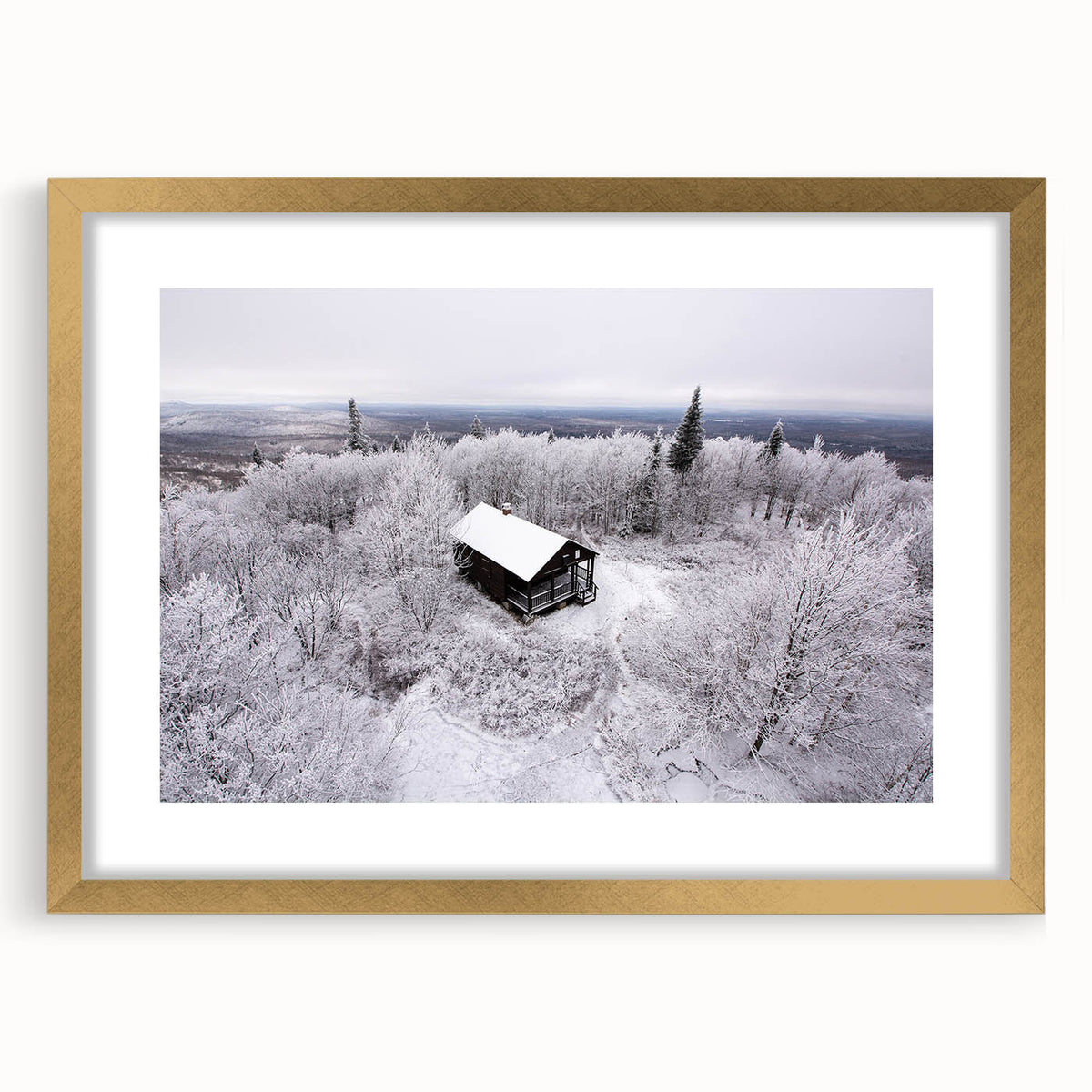 Extra large abstract art print of Adirondacks scenery in gold frame, textured design, ideal for living room wall.