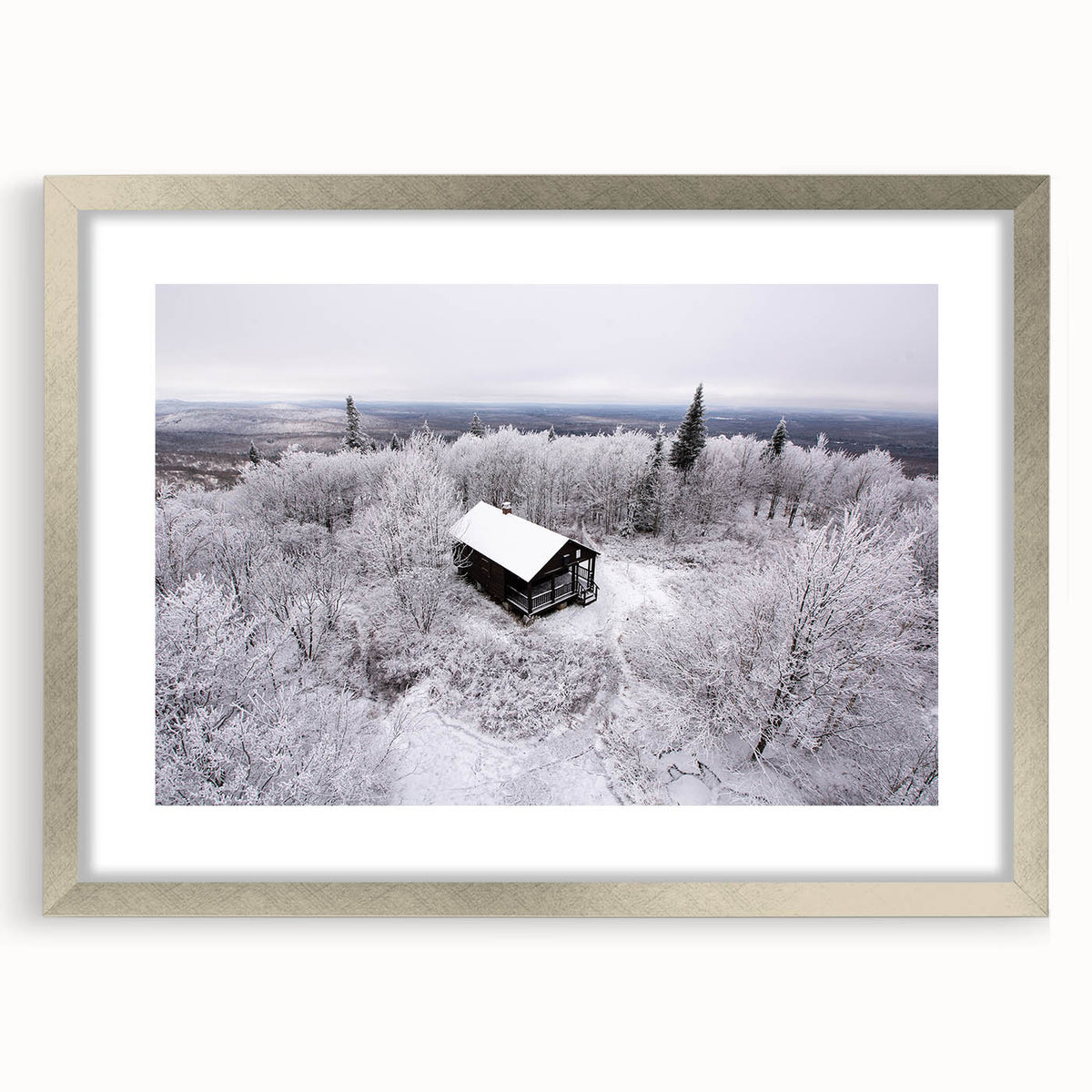 Textured abstract art print of Adirondacks scenery in silver frame, ideal for bedroom art.