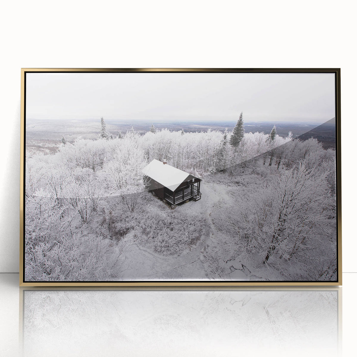 Mid-century modernist style large art print of Adirondacks scenery in gold acrylic frame, suitable for modern art wall decor.