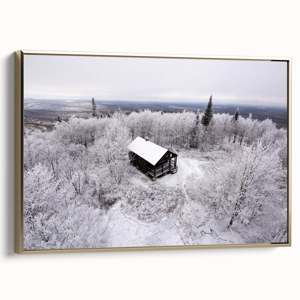 Framed canvas of a vintage-style landscape painting depicting the Adirondacks, in black and gold tones.