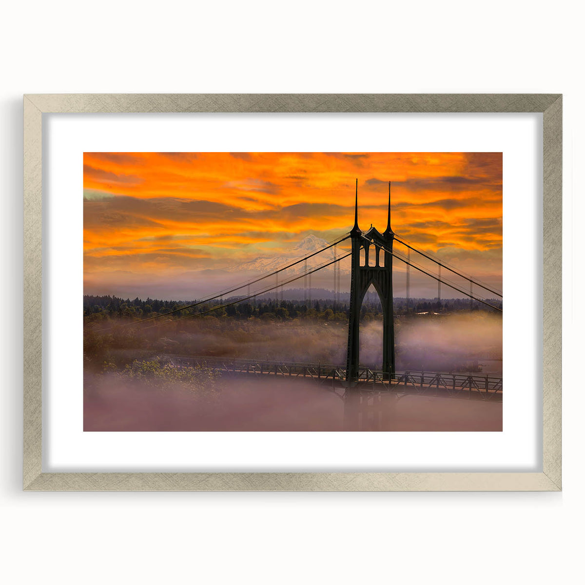 Textured abstract art print of Portland, Oregon, in silver frame with mat, featuring muted earth tones.