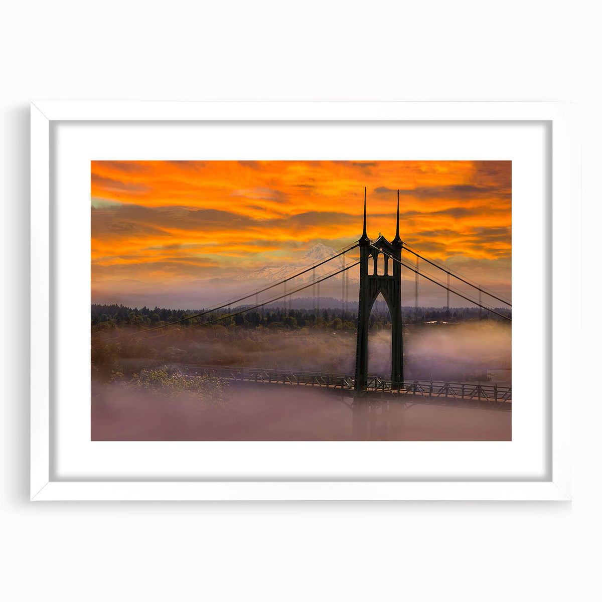 Abstract art print of Portland, Oregon in muted green and blue tones on a white matted frame, ideal for dining room decor.
