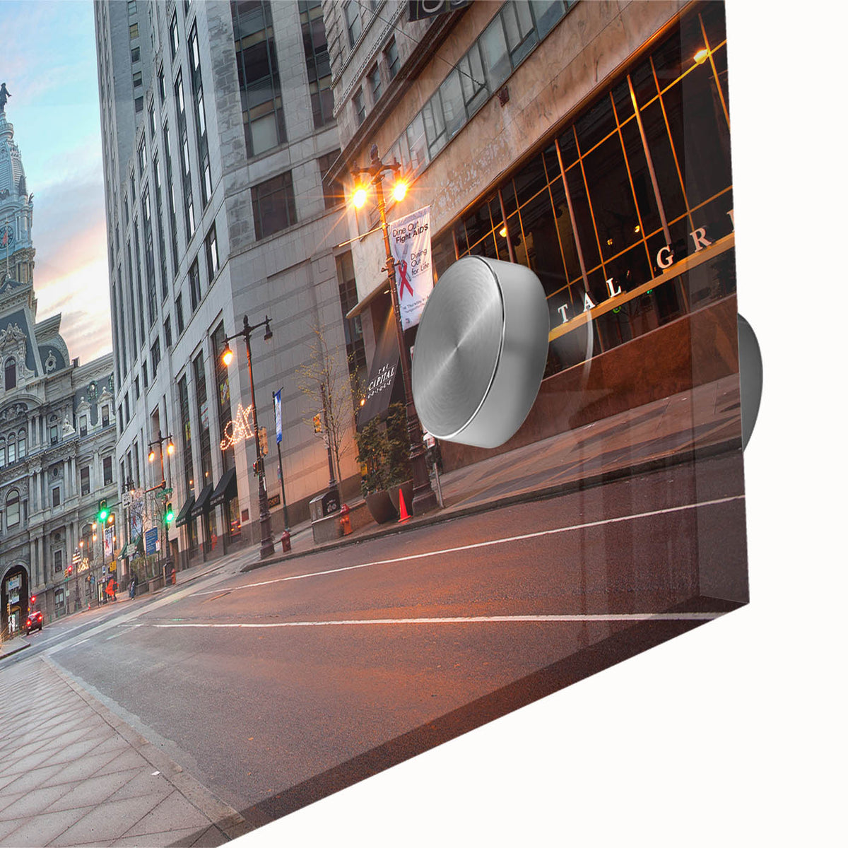 Large abstract wall art depicting Philadelphia's skyline in muted blue and gray tones, acrylic print.
