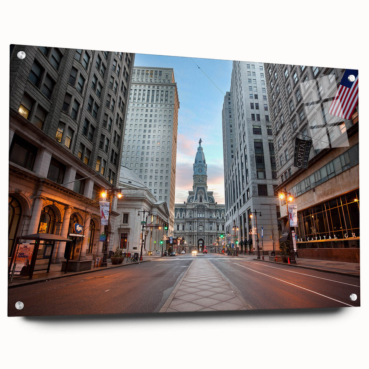 Acrylic print of Philadelphia skyline in muted blue and gray tones, suitable for bedroom or dining room decor.
