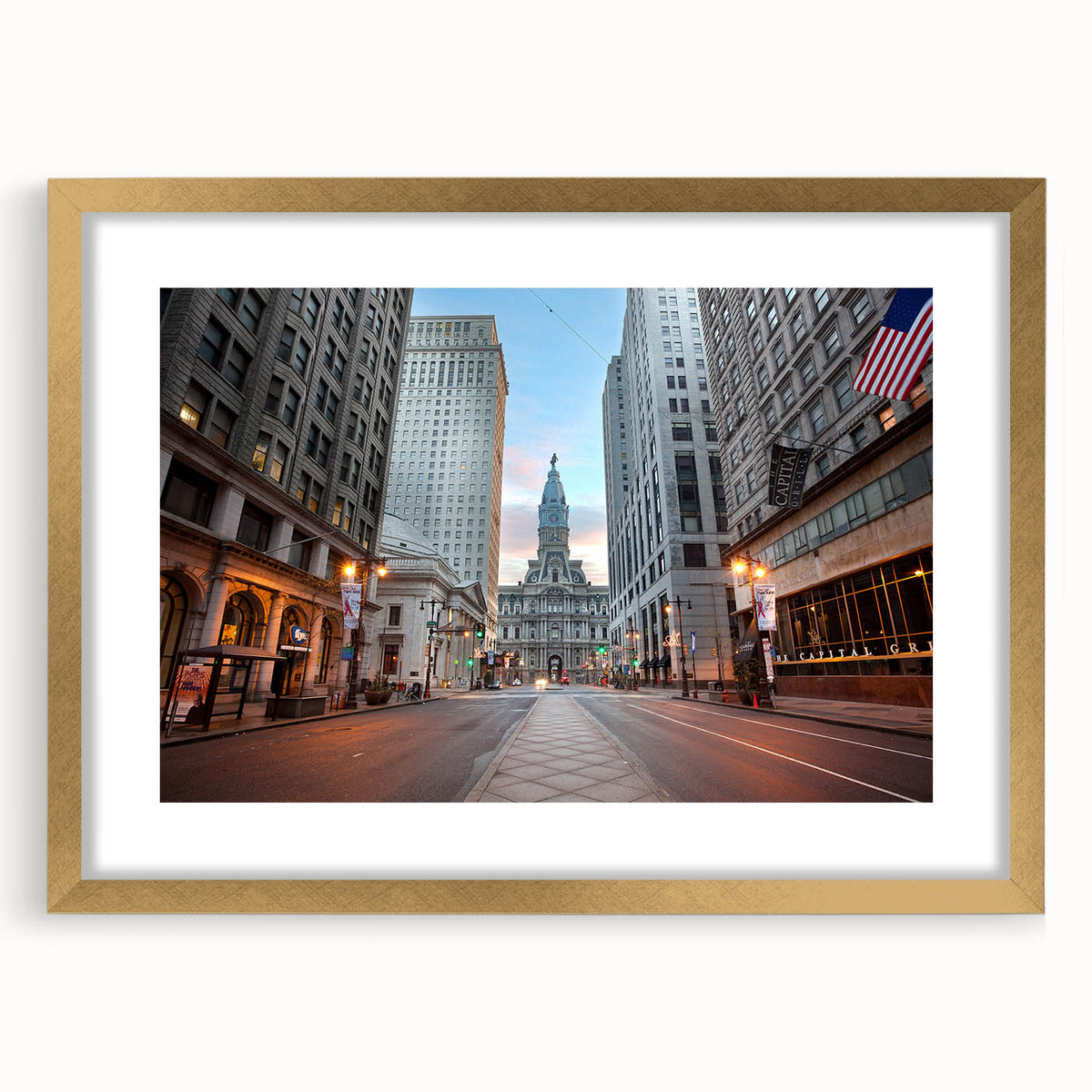 Abstract depiction of Philadelphia skyline in textured gold and black tones on a large framed canvas.