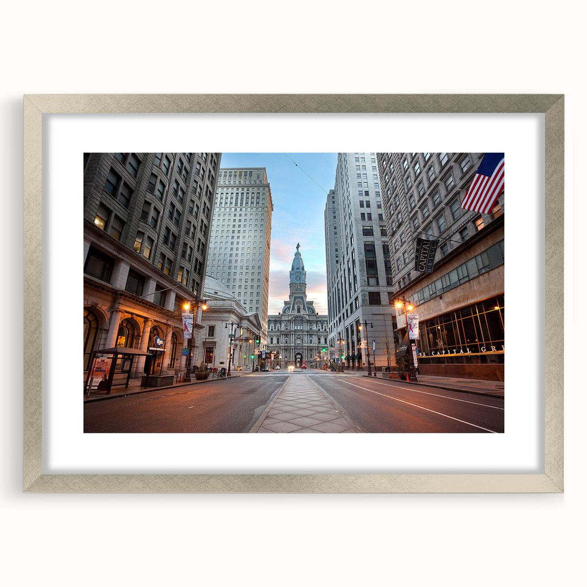 Textured abstract art print of Philadelphia skyline in muted gray and silver tones, framed with a silver mat.