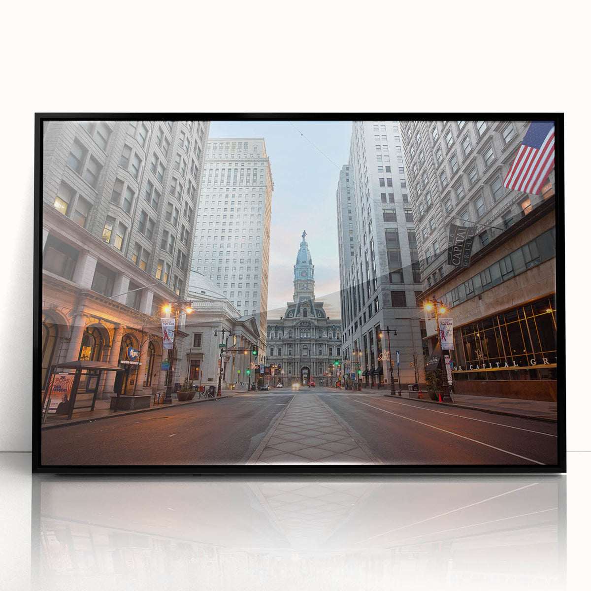 Large abstract wall art depicting the Philadelphia skyline in black and white tones on a framed acrylic panel.