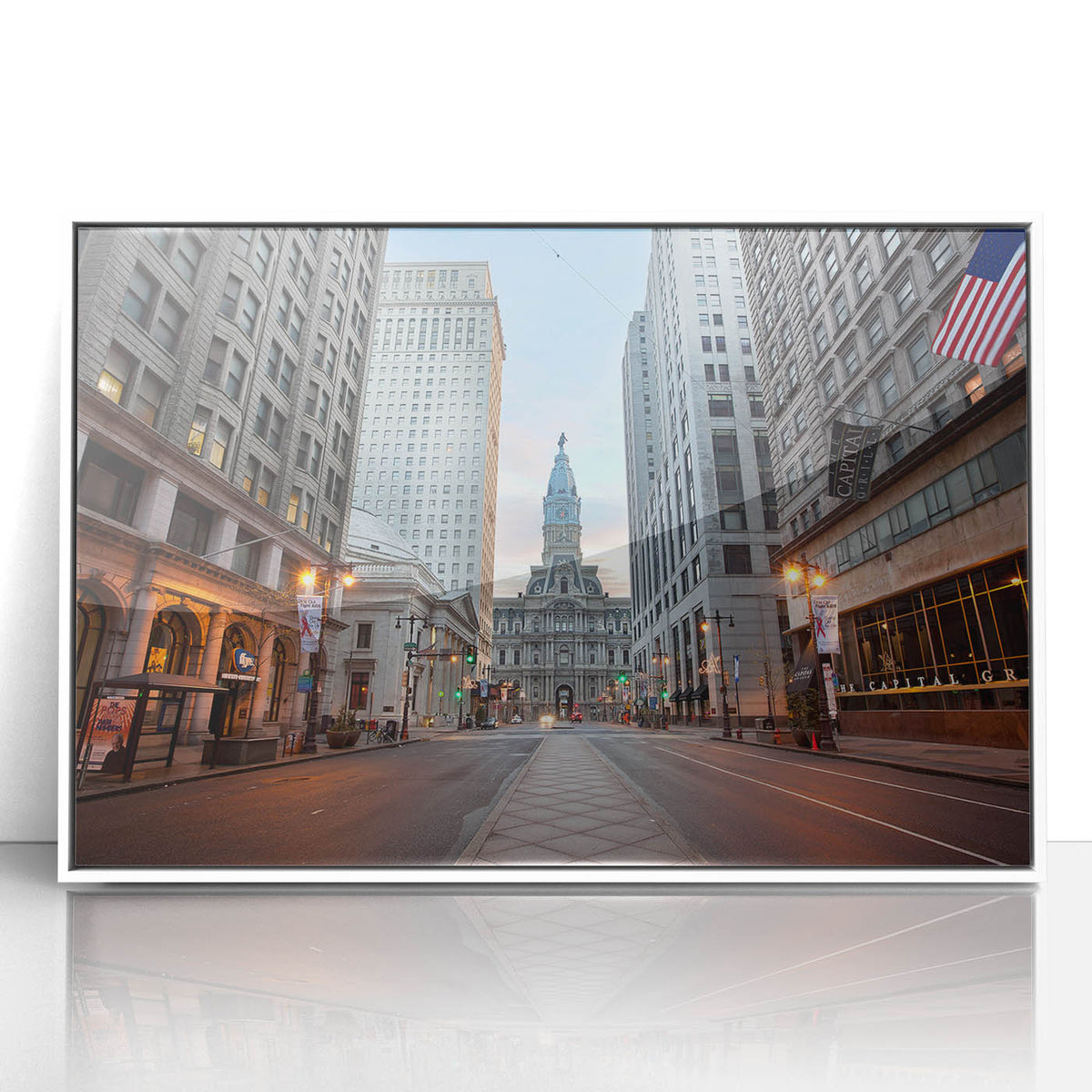 Acrylic print of Philadelphia skyline in art deco style with muted gray and blue tones, ideal for modern art wall decor.