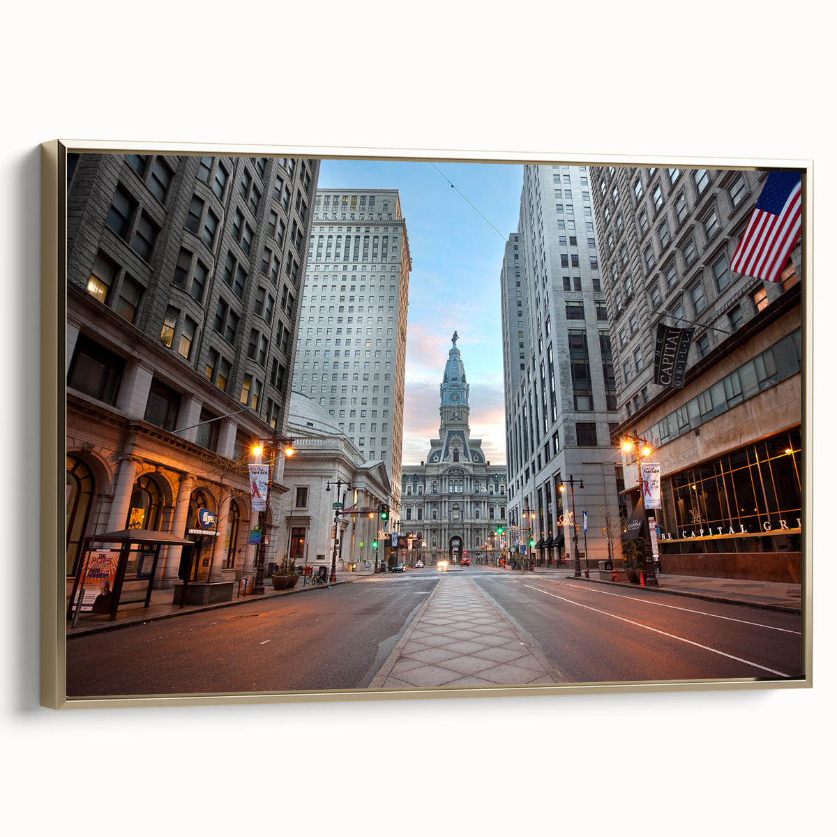 Framed canvas featuring a vintage-style landscape painting of Philadelphia in black and gold tones, ideal for bedroom decor.