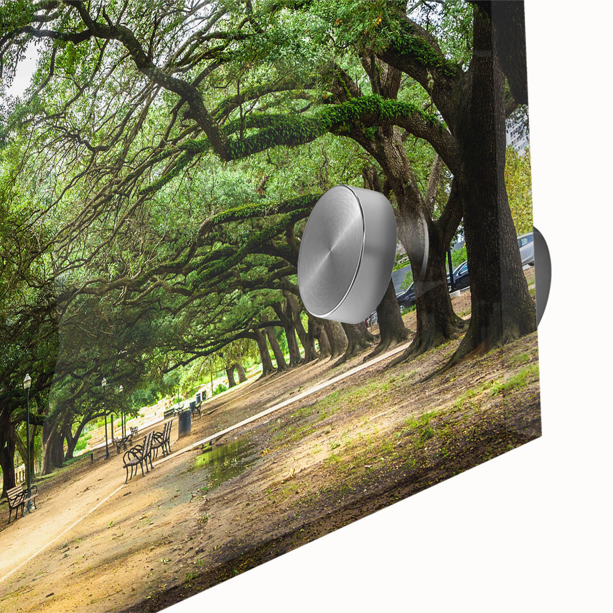 Large abstract depiction of Houston skyline in muted earth tones on acrylic glass, ideal for dining room art.