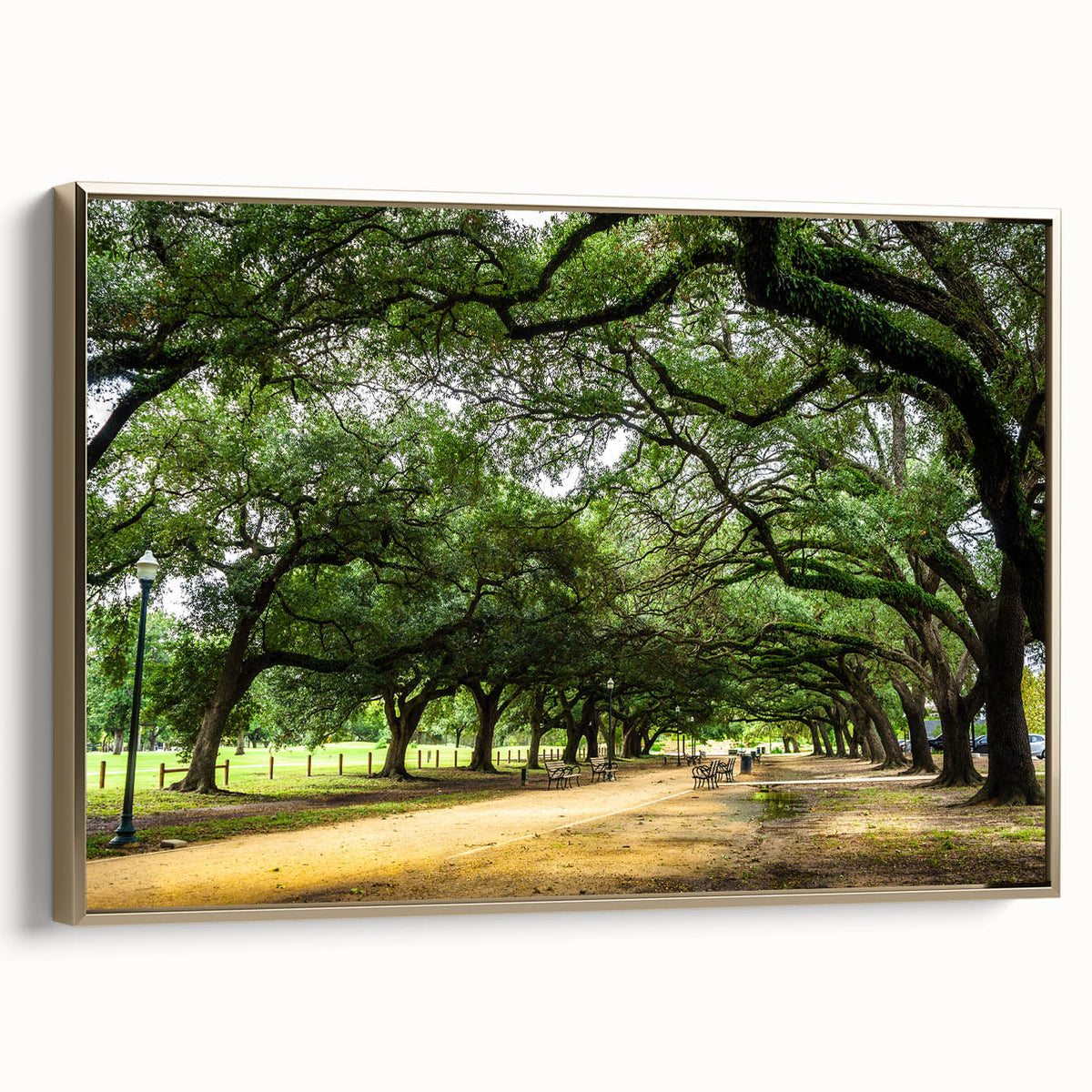 Framed canvas depicting a vintage-style landscape of Houston, Texas, with muted gold and black tones.