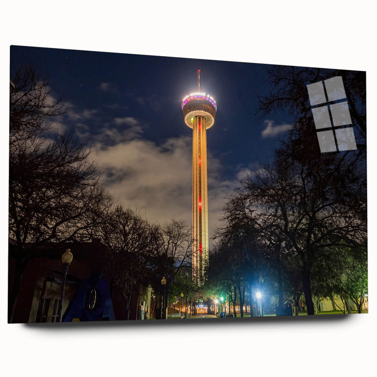 Large abstract wall art of San Antonio skyline in muted blue and green tones on acrylic glass.